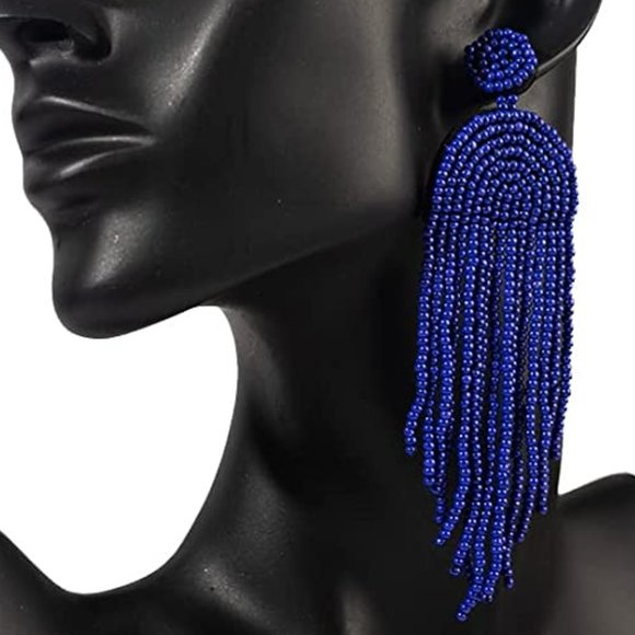 Long 4.5" Dk Blue Modern Art Deco Oversized Earrings Beaded Bohemian Tassel New - Picture 2 of 6